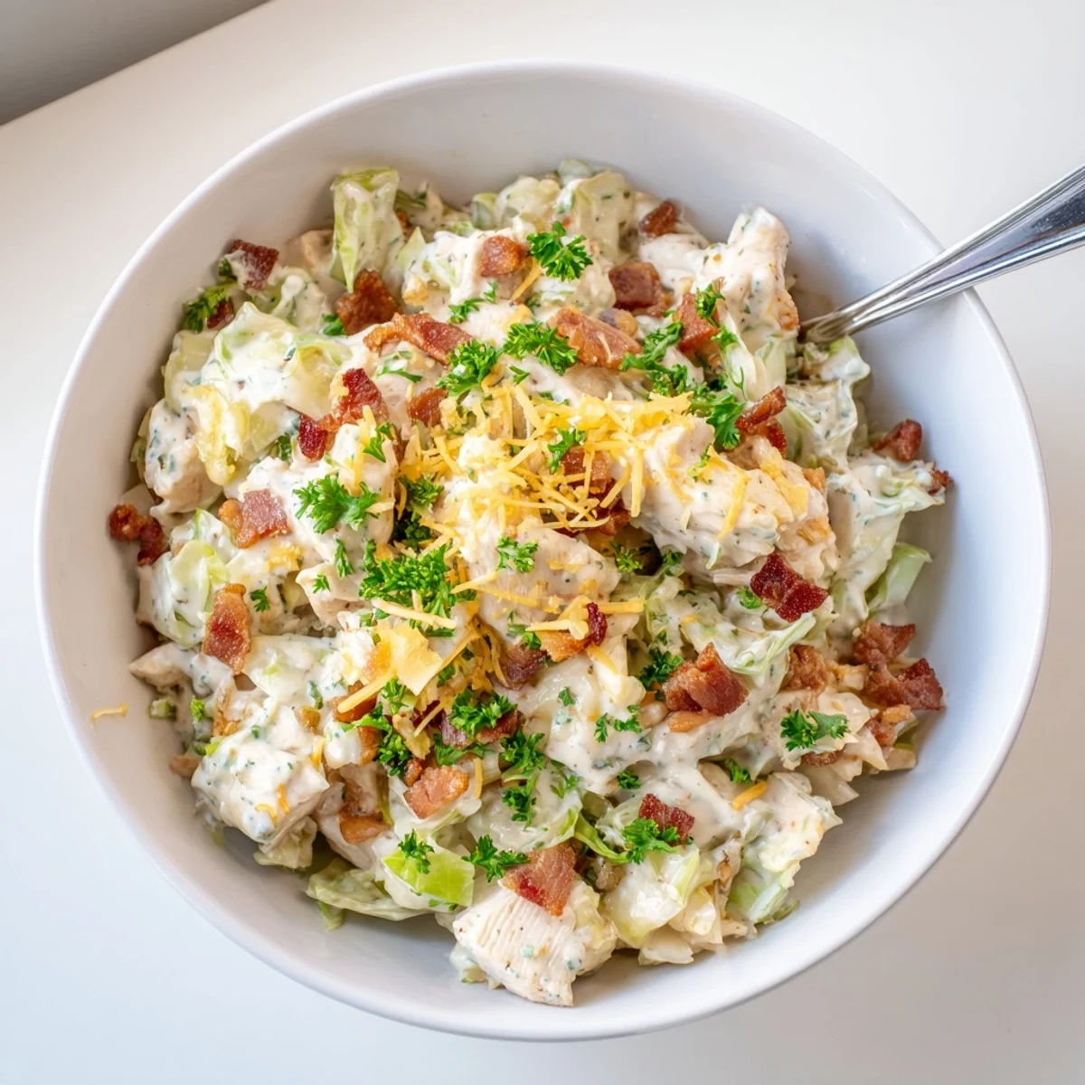 Creamy chicken bacon ranch cabbage bowls topped with melted cheddar and fresh green onions