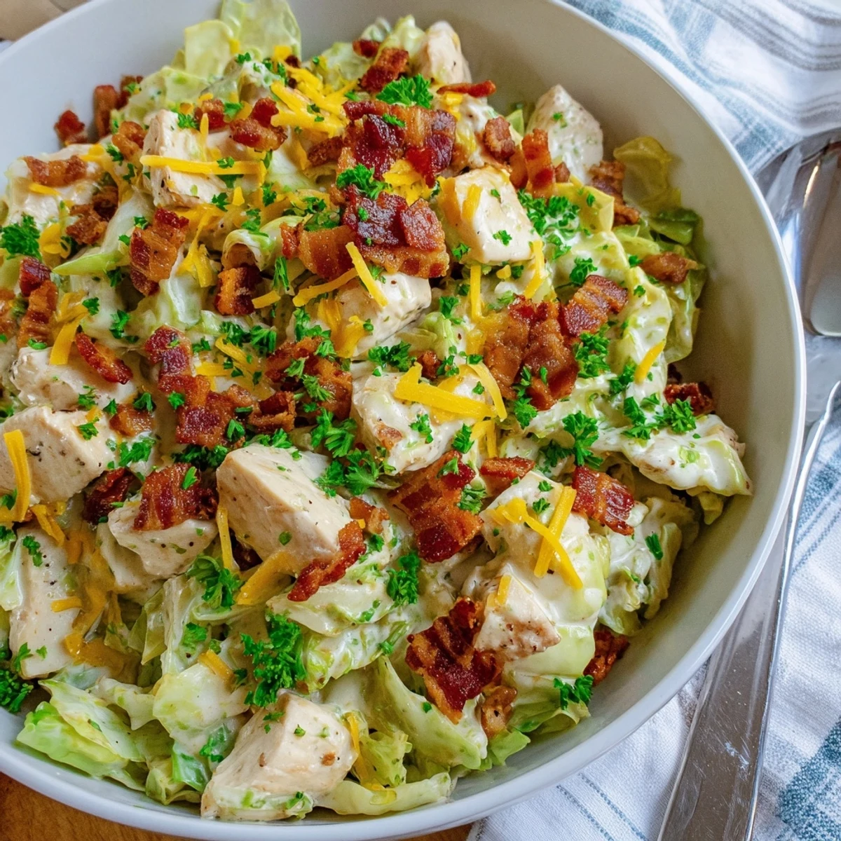 Tender chicken and crispy bacon tossed in creamy ranch sauce over sliced green cabbage