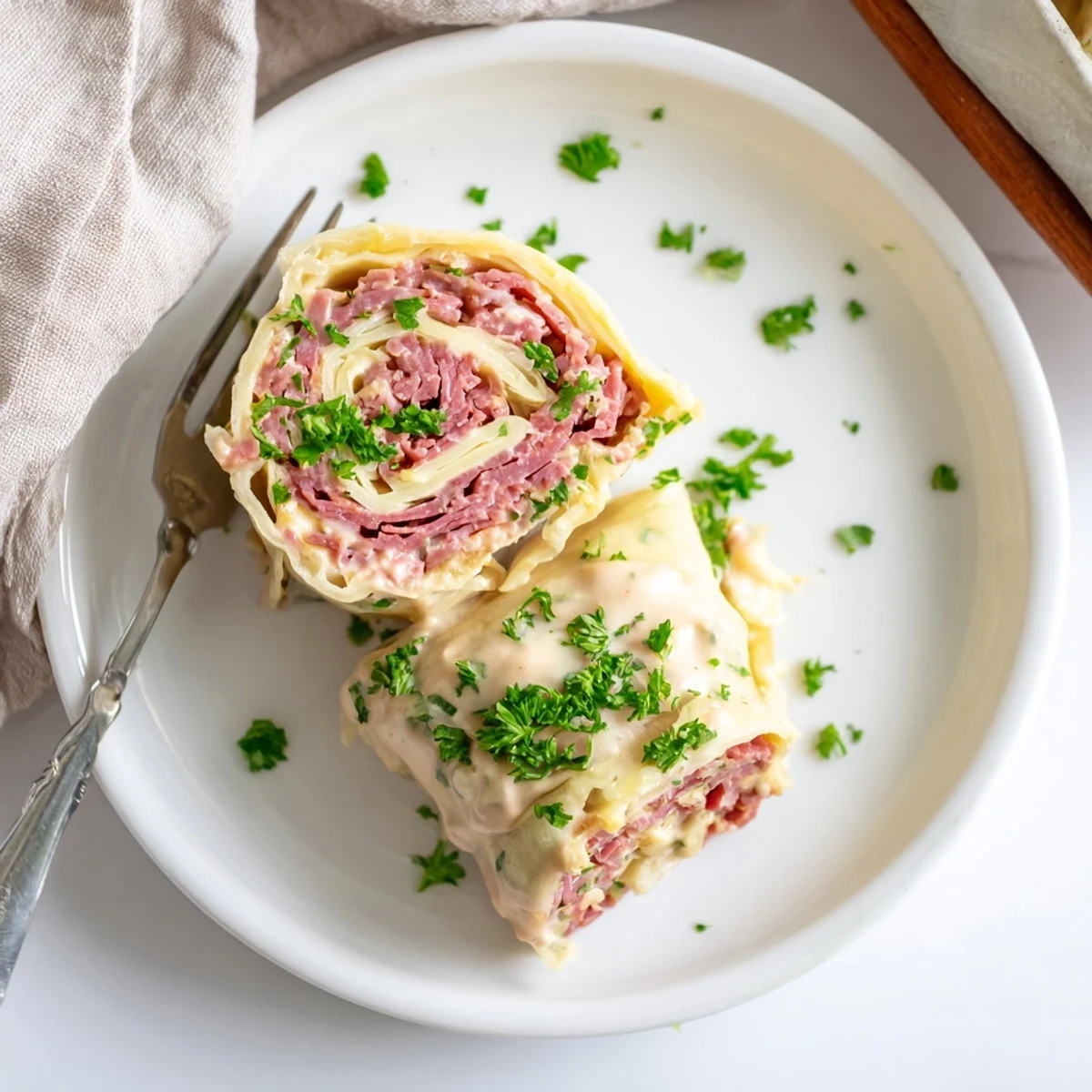 Tender egg wraps rolled with sauerkraut and tangy dressing in these Low Carb Reuben Egg Roll Ups