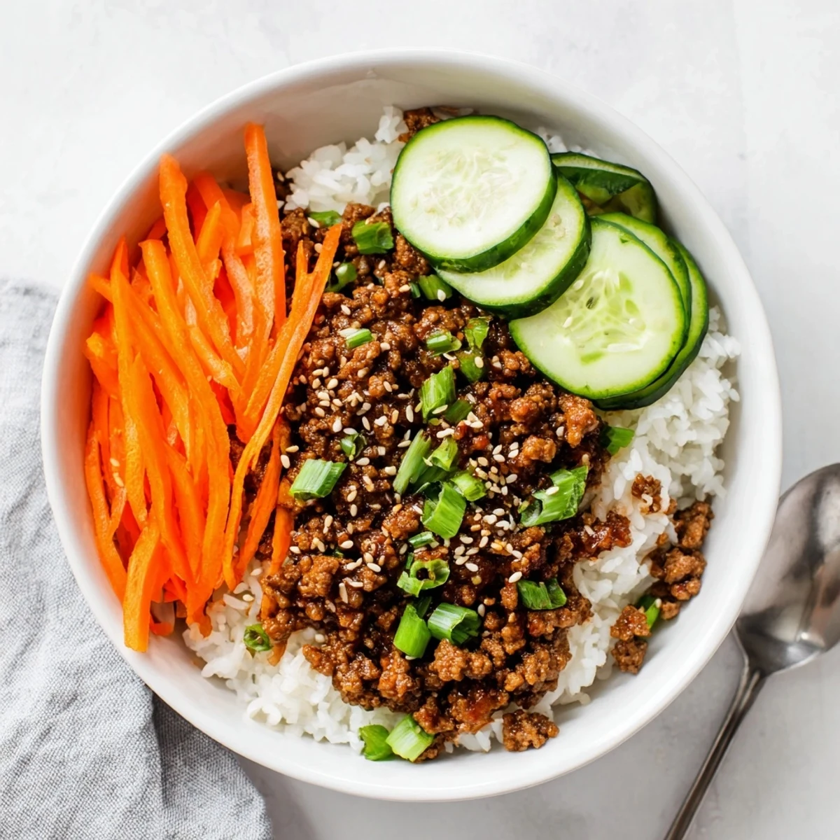 Savory Korean beef bowls with caramelized ground beef and fresh crisp vegetables over steamed white rice
