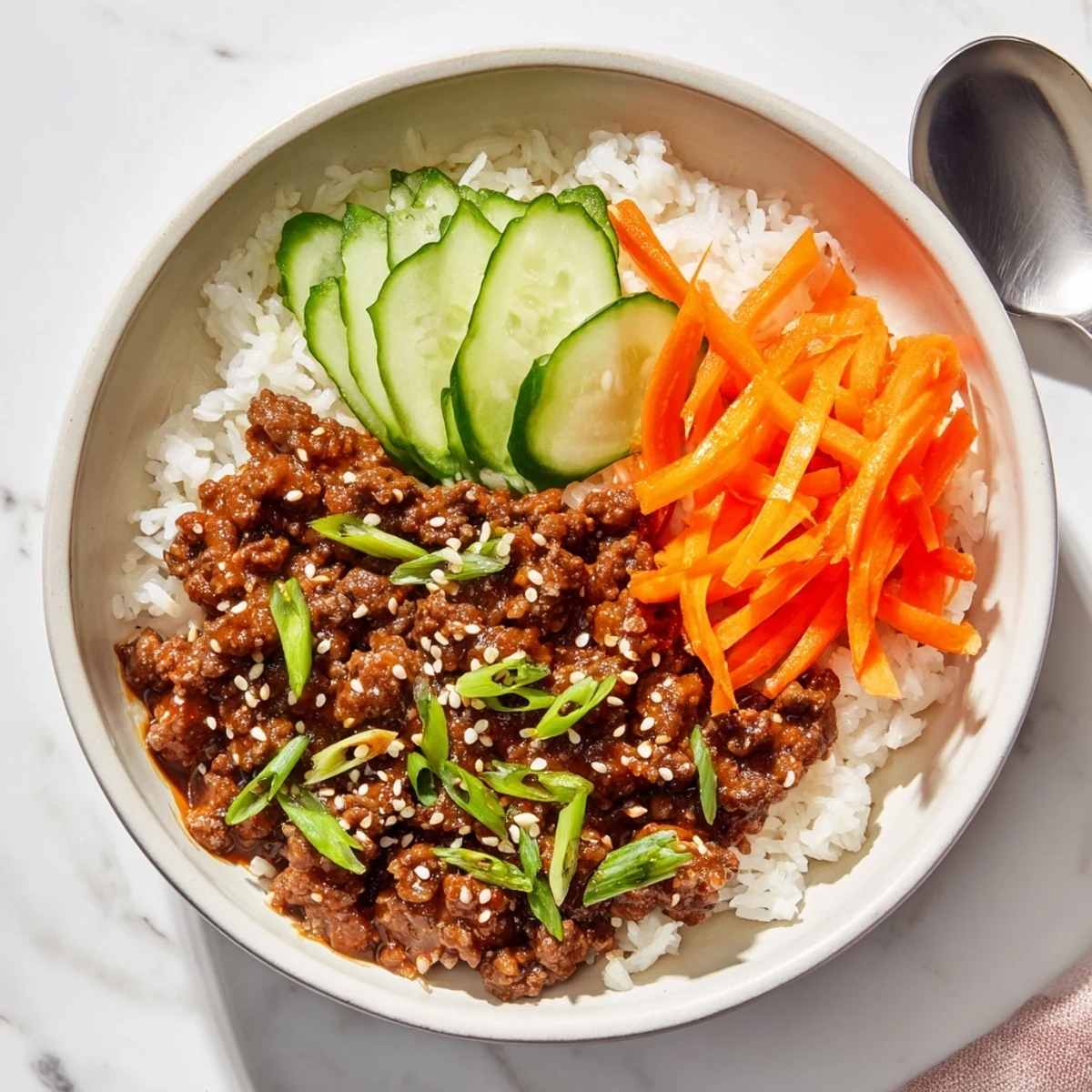 Korean beef bowls topped with julienned carrots cucumber scallions and toasted sesame seeds