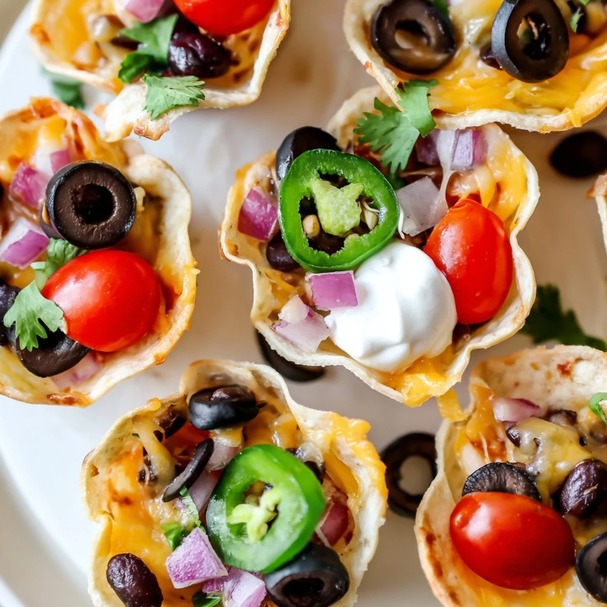 Golden cheesy nacho cups bubbling with melted cheddar and colorful fresh toppings
