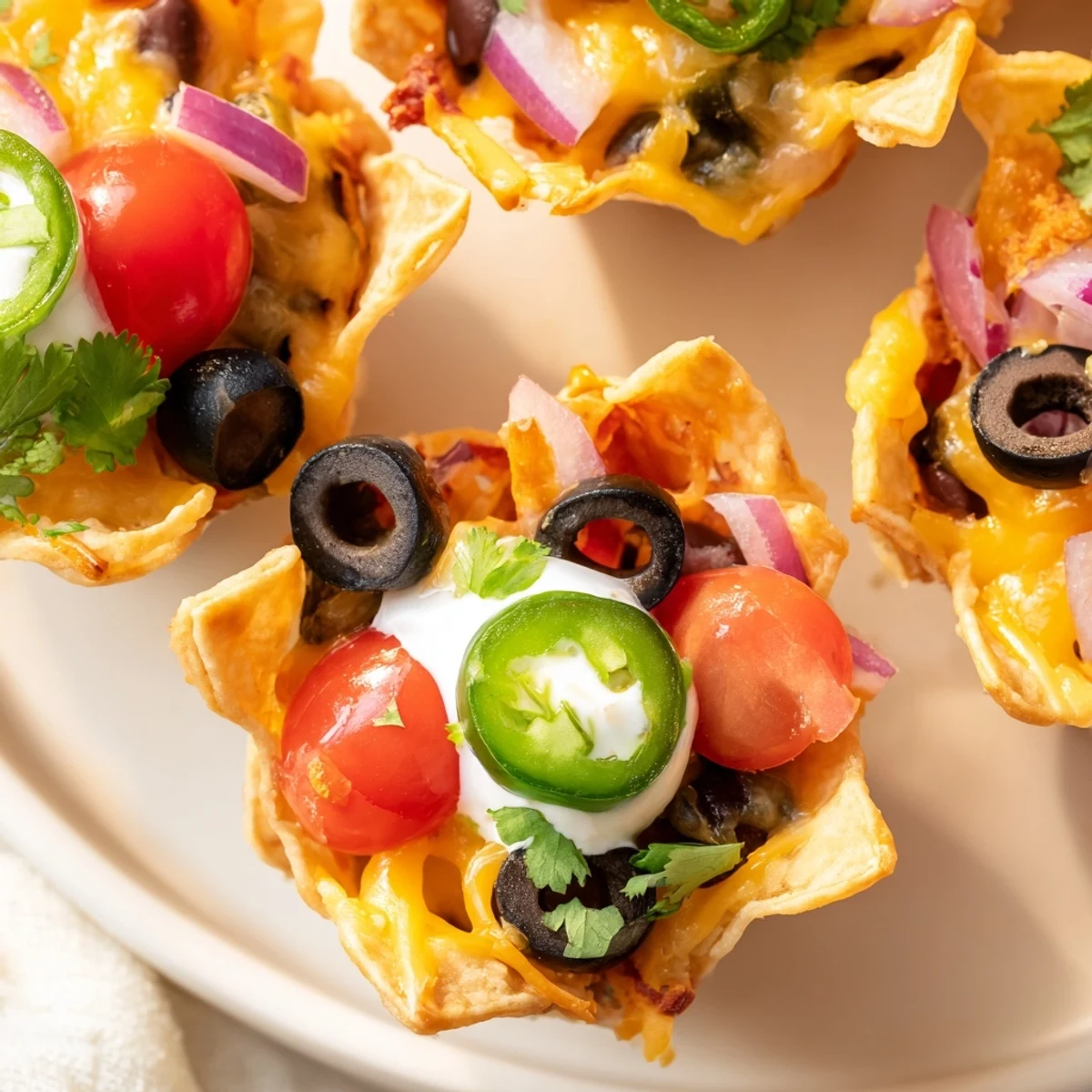 Mini tortilla cups overflowing with gooey cheese, beans, and zesty garnishes
