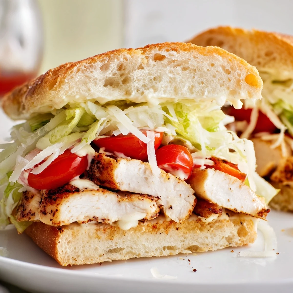 Juicy grilled chicken Caesar sandwich with crisp romaine and creamy dressing on golden toasted ciabatta