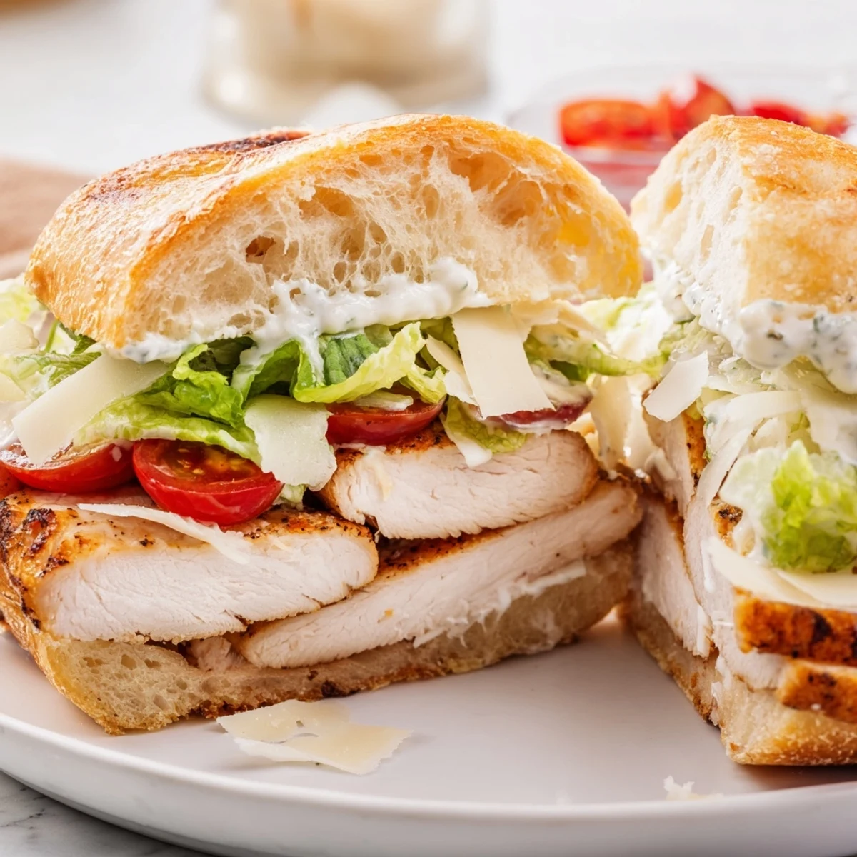 Toasted chicken Caesar sandwich topped with shaved Parmesan and fresh romaine lettuce on crusty bread