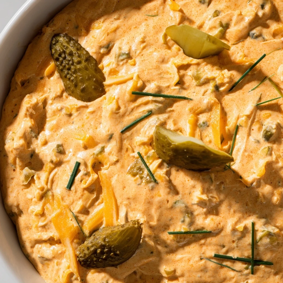 Creamy buffalo pickle dip in a serving bowl surrounded by crunchy chips and fresh veggie sticks