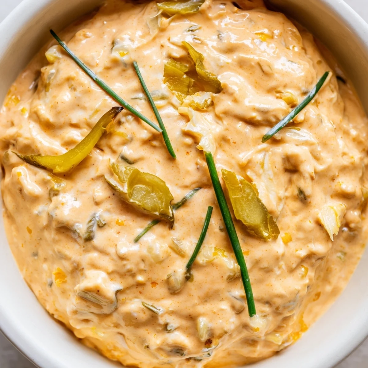 Tangy buffalo pickle dip topped with chopped chives and pickle slices ready for party snacking