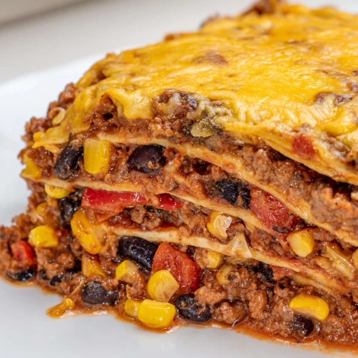 Golden bubbling Mexican lasagna with layers of seasoned beef, beans, and melted cheese