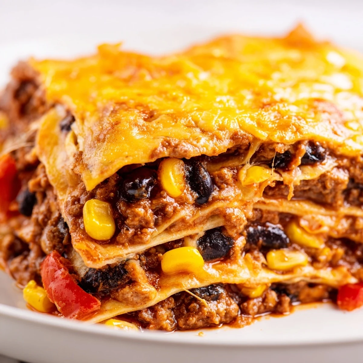 Mexican lasagna fresh from the oven with gooey cheese and colorful veggie layers