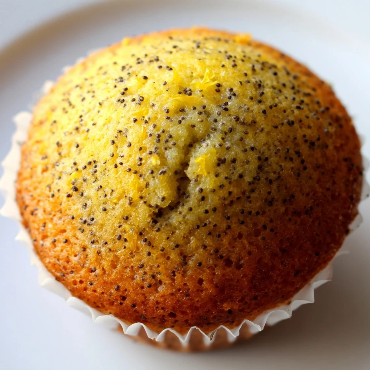 Moist lemon poppy seed muffins speckled with zest arranged on a rustic ceramic serving plate