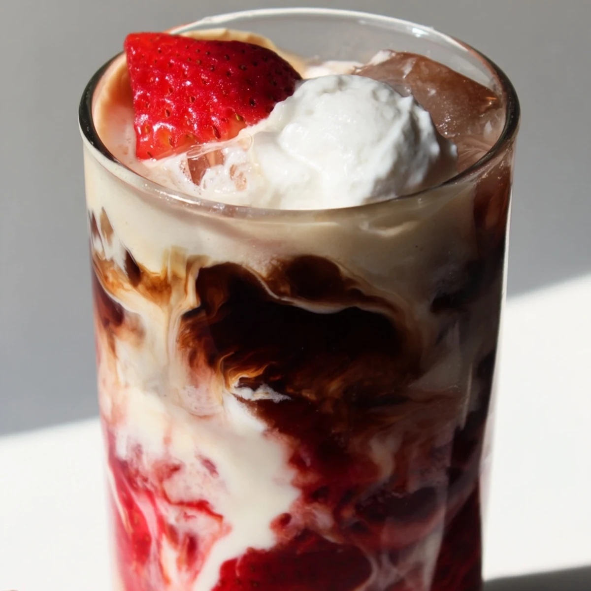 Creamy strawberry cold latte served over ice with fresh berry garnish and whipped cream topping