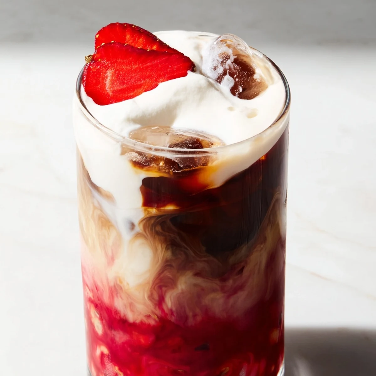 Iced strawberry cream latte featuring swirled coffee layers and vibrant red strawberry puree