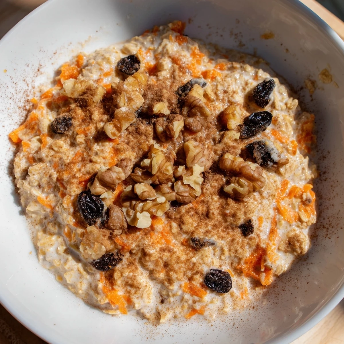 Creamy carrot cake overnight oats in a mason jar topped with crunchy walnuts and a sprinkle of cinnamon