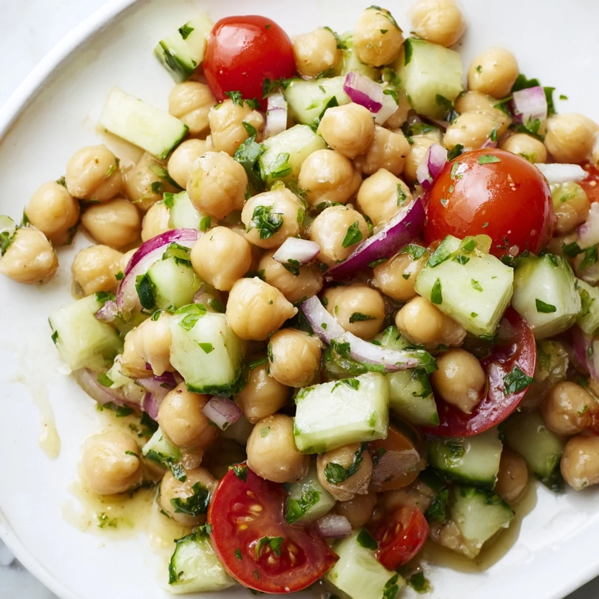 Chickpea cucumber salad in a white bowl with fresh herbs and lemon dressing