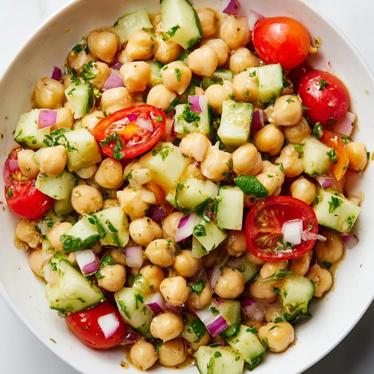 Bright chickpea cucumber salad topped with cherry tomatoes and drizzled with vinaigrette
