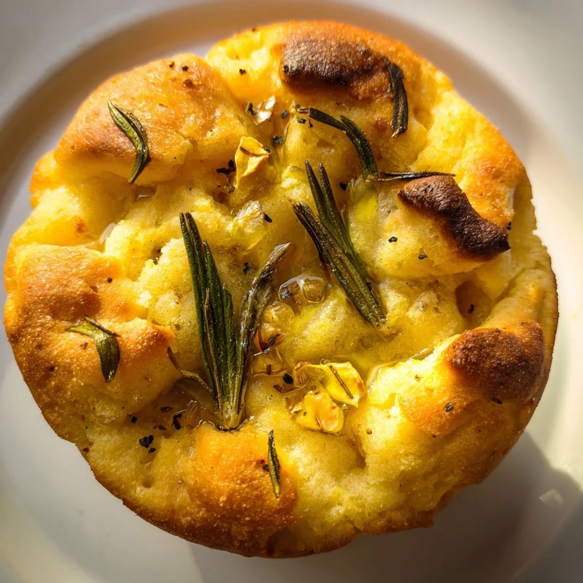 Golden garlic rosemary focaccia muffins topped with sea salt on rustic wooden board