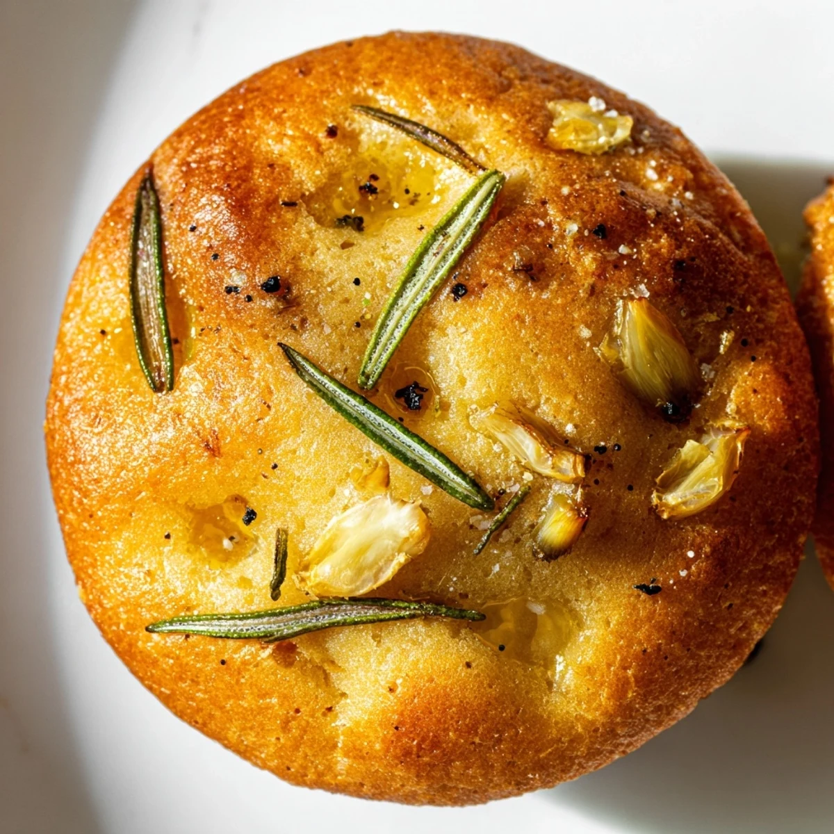 Warm garlic rosemary focaccia muffins with olive oil drizzle ready for dipping