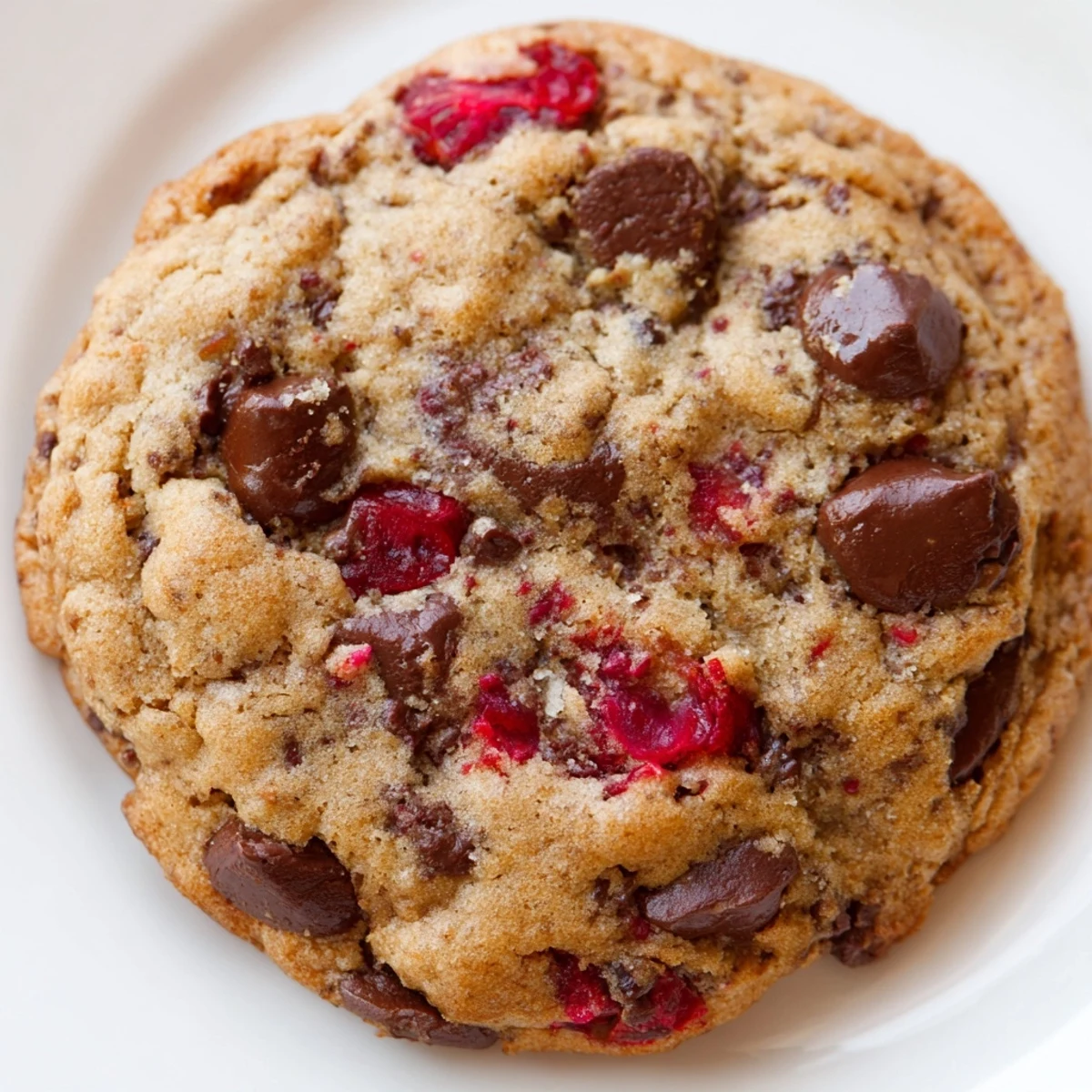 Soft chewy maraschino cherry chocolate chip cookies with golden edges on a rustic baking sheet