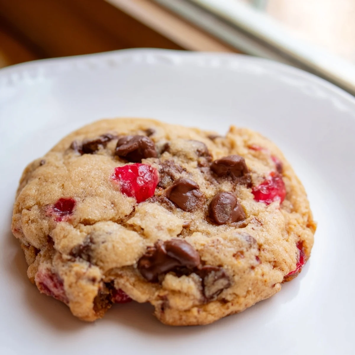 Bright red cherry pieces and melted chocolate chips speckle these soft maraschino cherry chocolate chip cookies