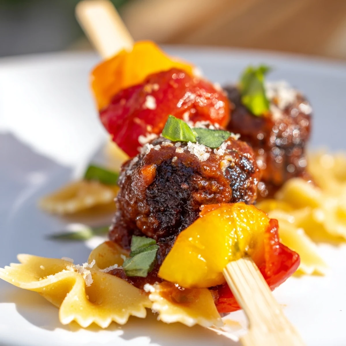 Colorful bowtie pasta and cocktail meatball skewers drizzled with sauce on a platter