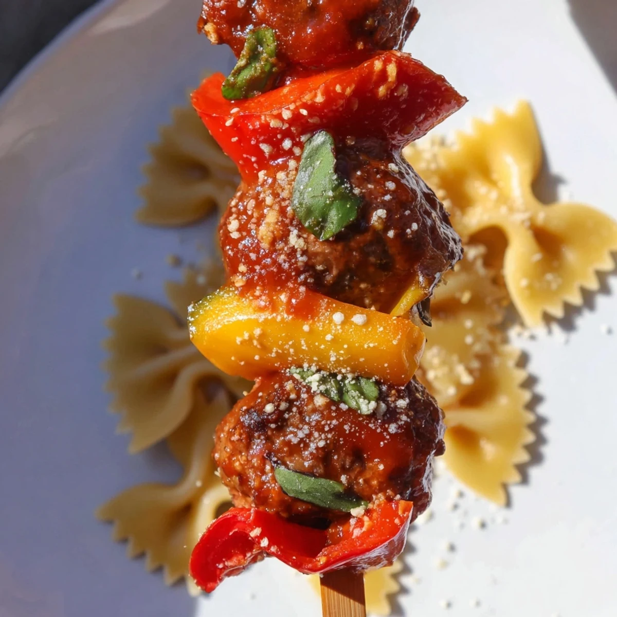 Juicy cocktail meatballs alternated with bowtie pasta and vibrant bell peppers on wooden skewers