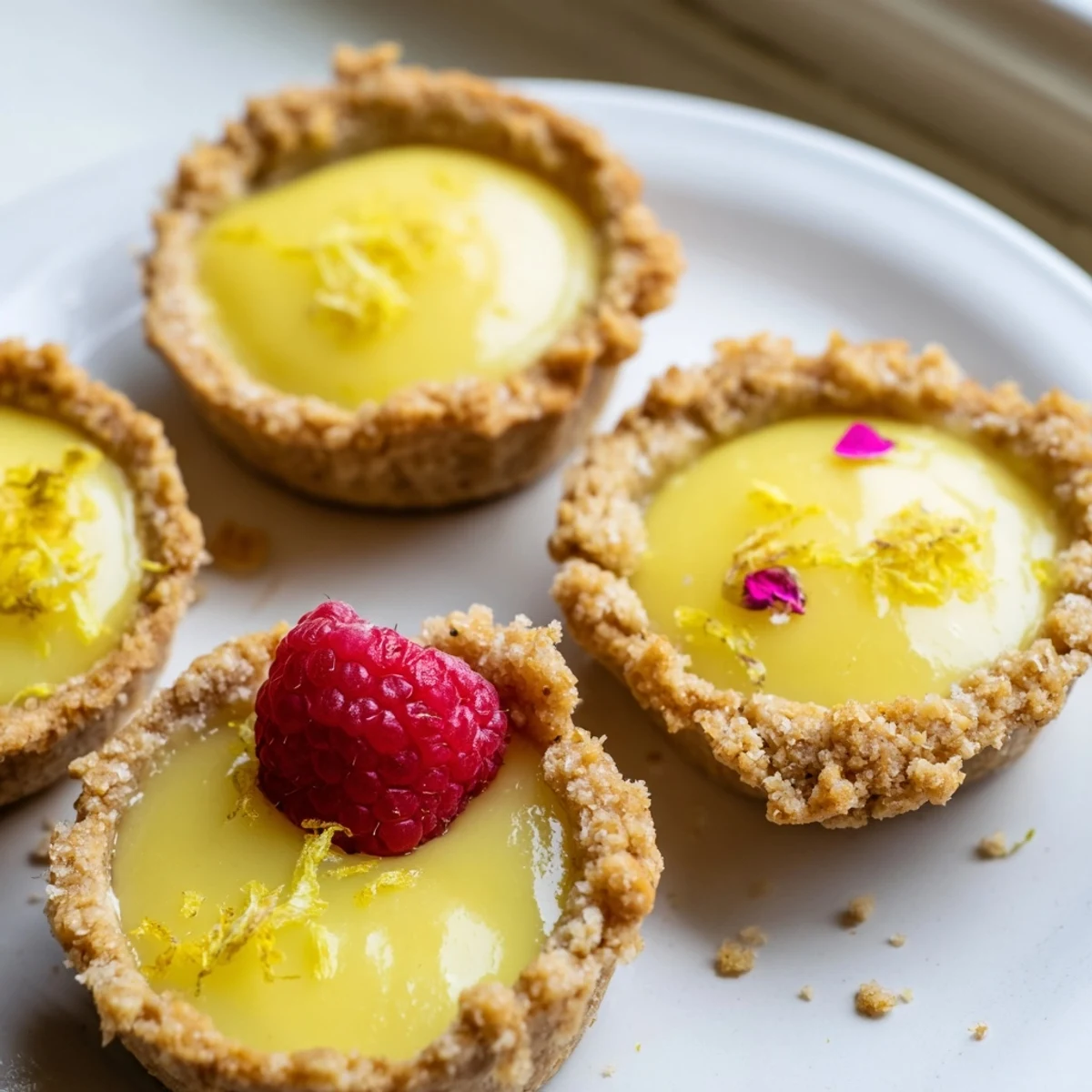 Creamy mini vegan lemon tarts in crisp almond crusts garnished with delicate lemon zest