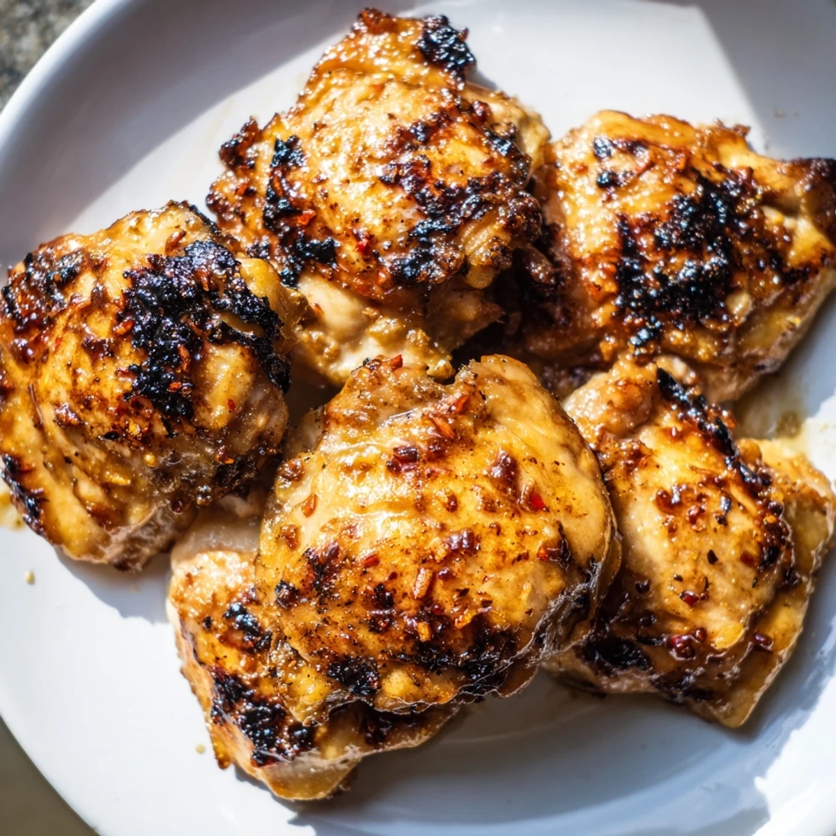 Crispy golden chicken thighs glazed with killer chicken thigh marinade fresh off the grill