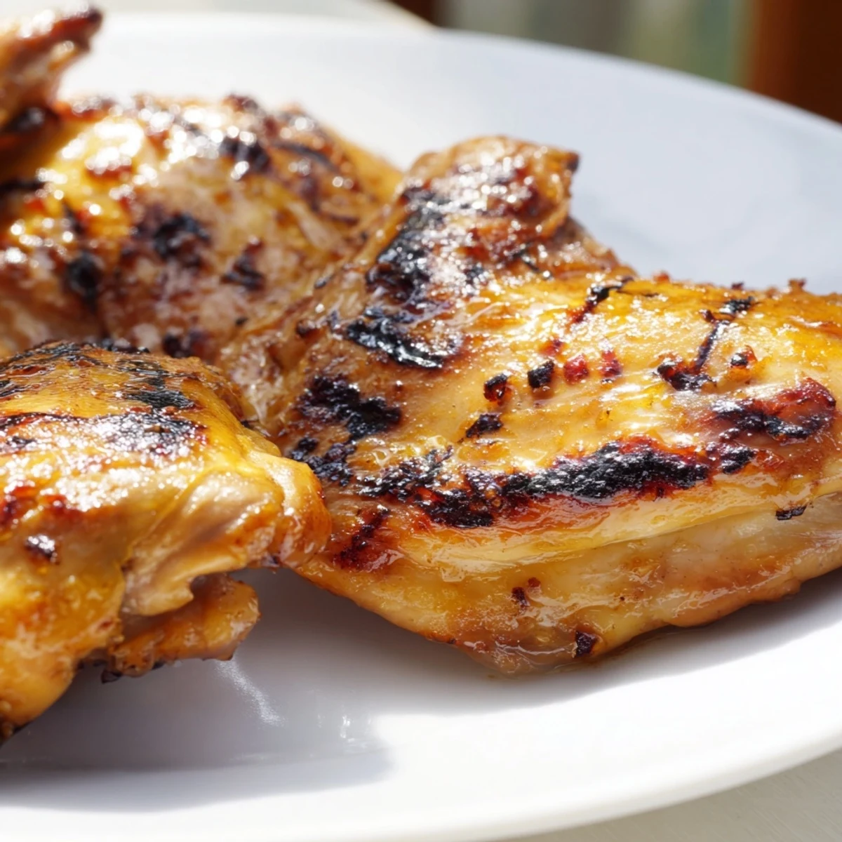 Juicy chicken thighs coated in killer chicken thigh marinade with caramelized herb-flecked skin