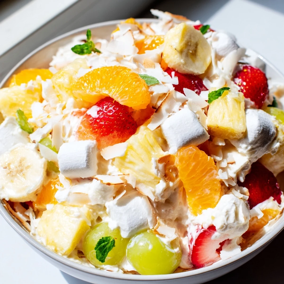 Creamy Hawaiian cheesecake salad loaded with juicy tropical fruits in a white bowl