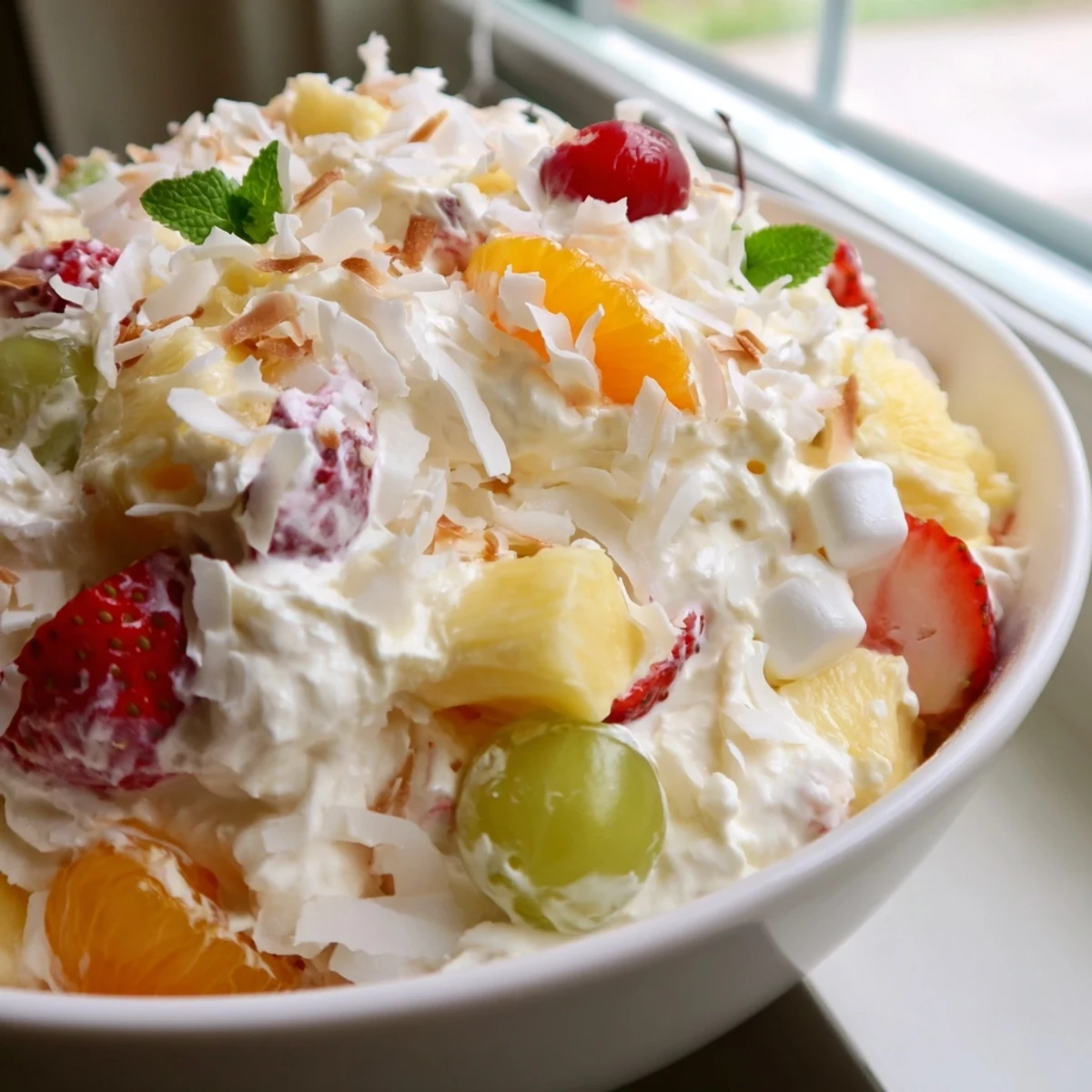 Hawaiian cheesecake salad topped with toasted coconut and fresh mint leaves