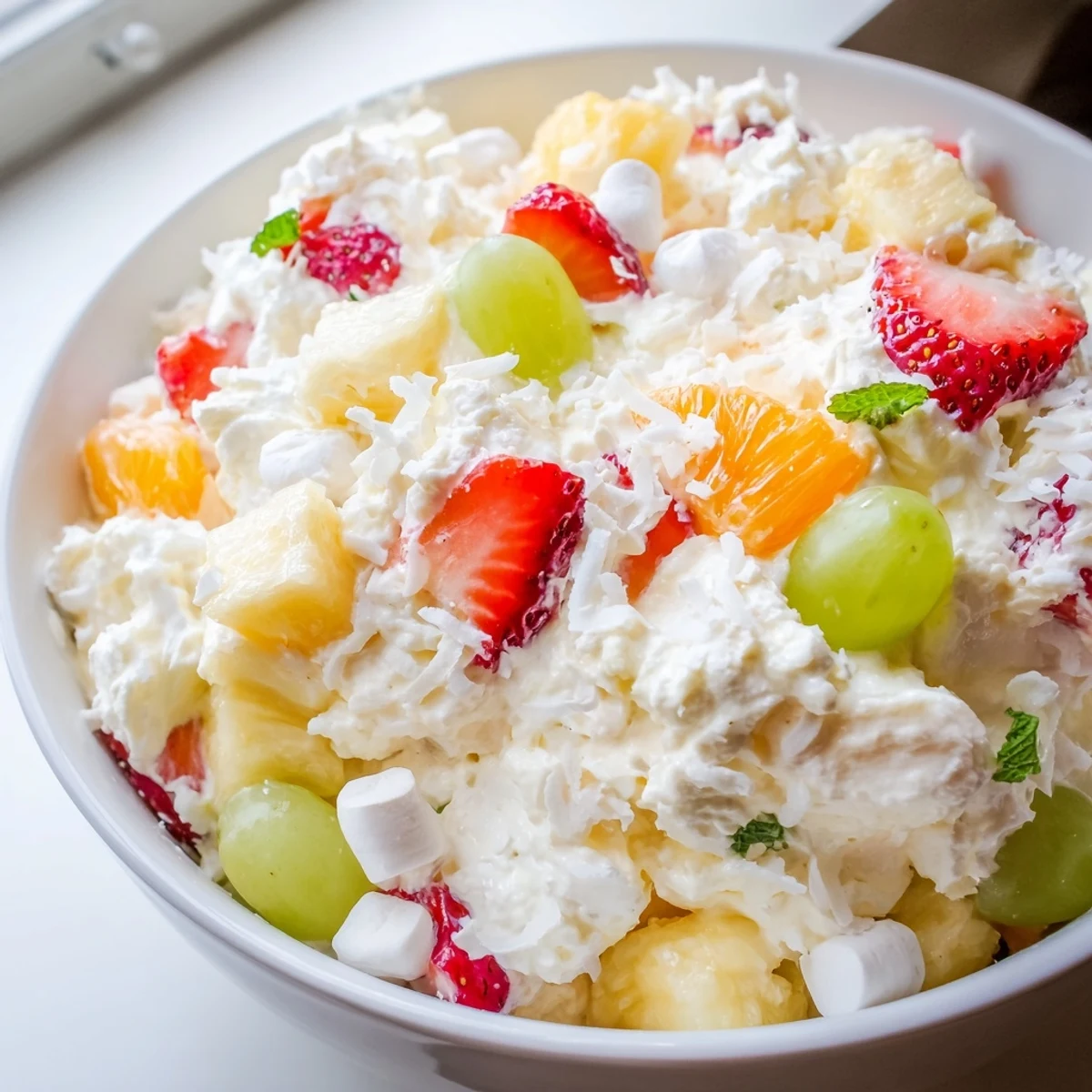 Vibrant Hawaiian cheesecake salad featuring strawberries pineapple and mandarin oranges served chilled