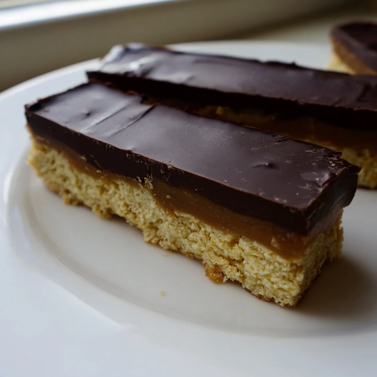 Healthy Twix Bars with glossy chocolate topping cut into neat rectangular slices
