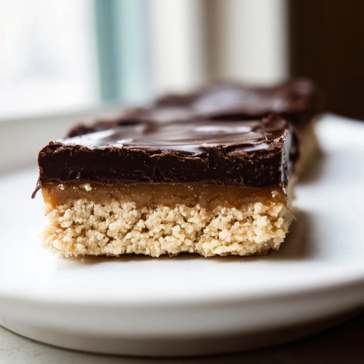 Healthy Twix Bars drizzled with dark chocolate on a rustic wooden cutting board
