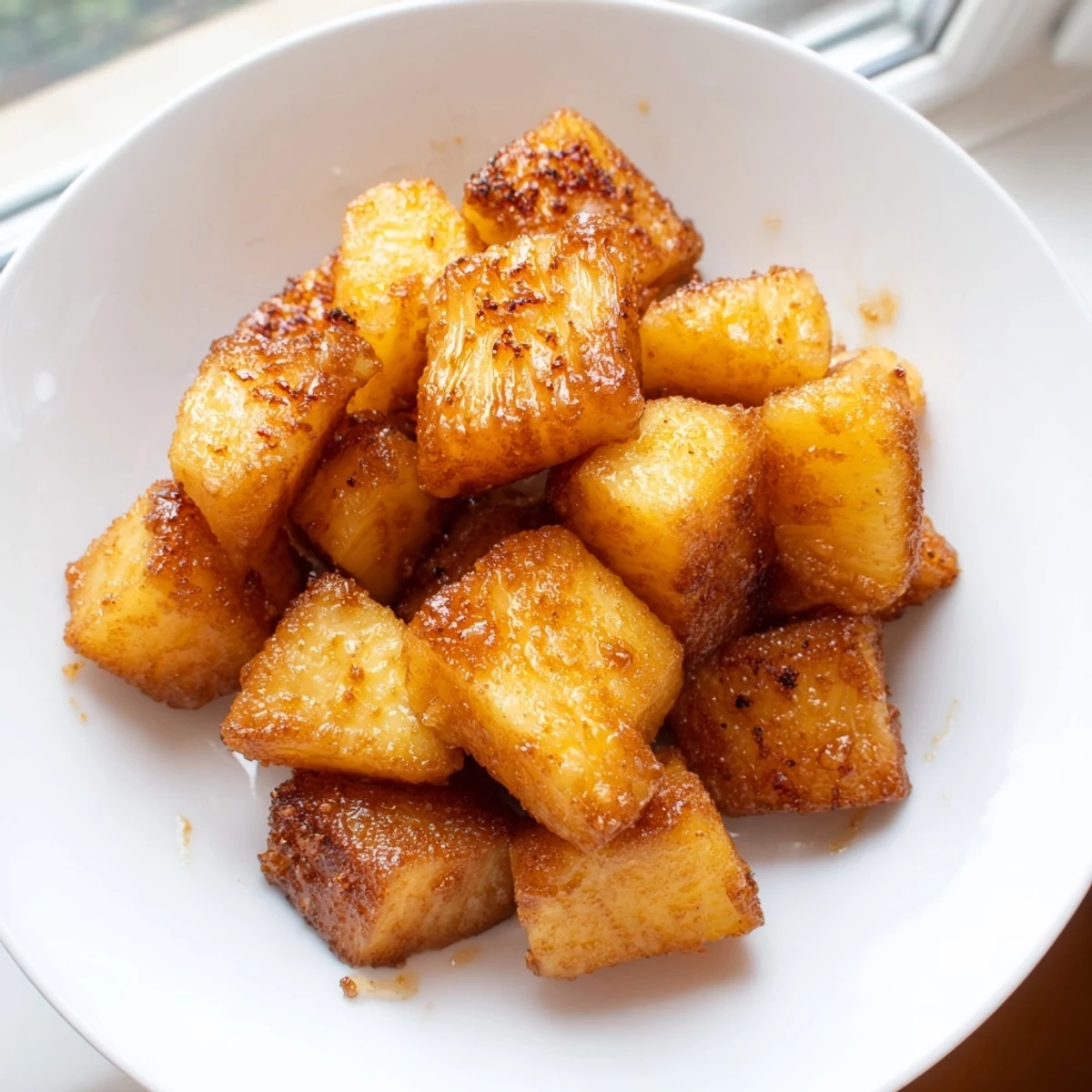 Golden caramelized air fryer pineapple chunks with crispy edges served warm in a bowl