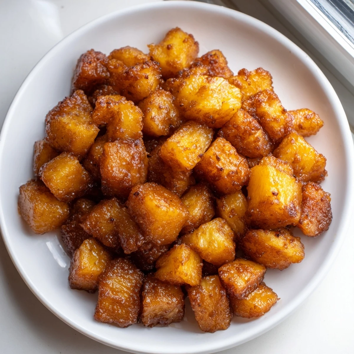 Sweet cinnamon-dusted air fryer pineapple chunks glistening with brown sugar on a plate