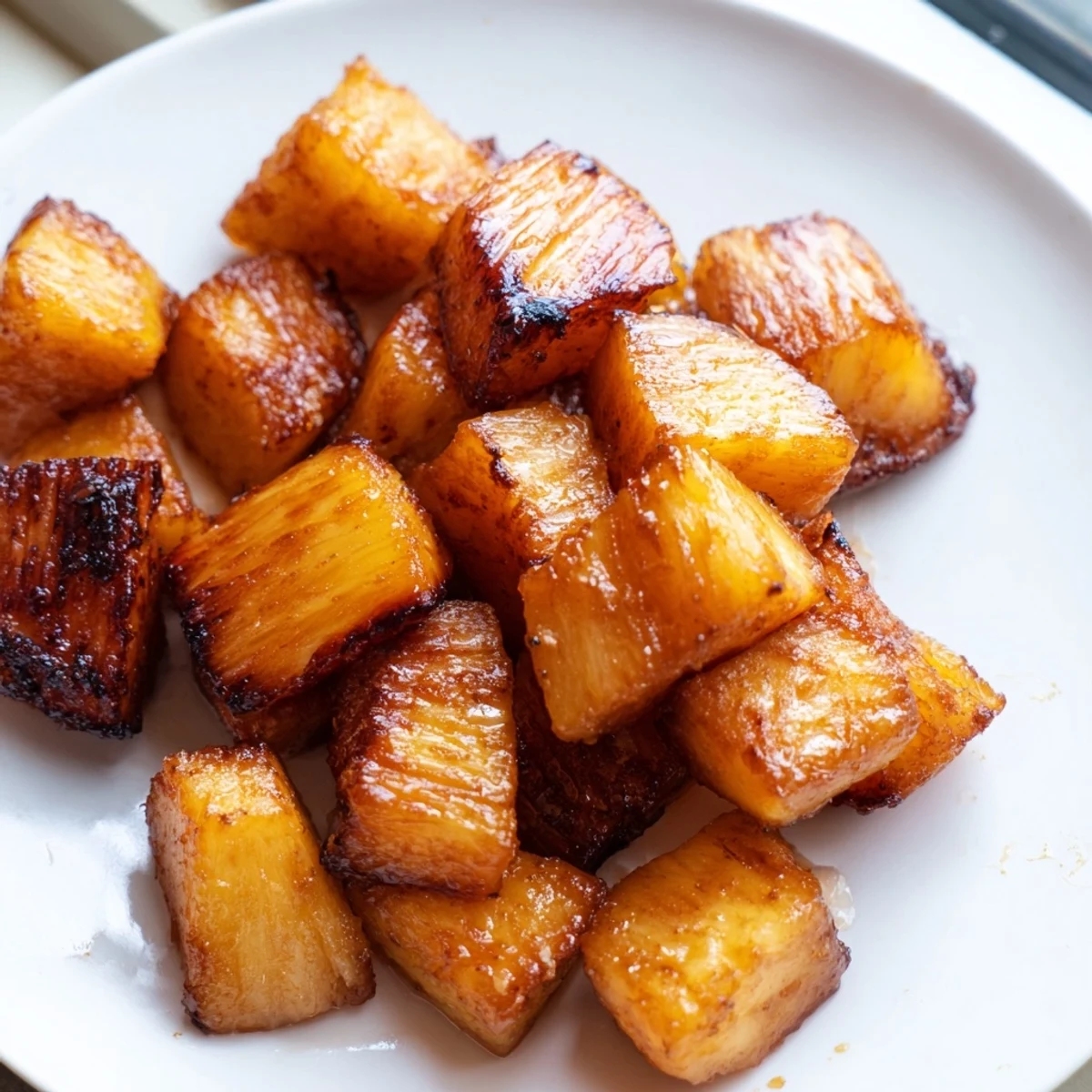 Tender air fryer pineapple chunks with charred edges piled high as a tropical snack