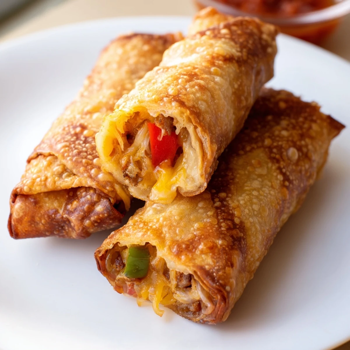 Crackly voodoo egg rolls stuffed with smoky chicken peppers and bold Cajun seasonings close-up