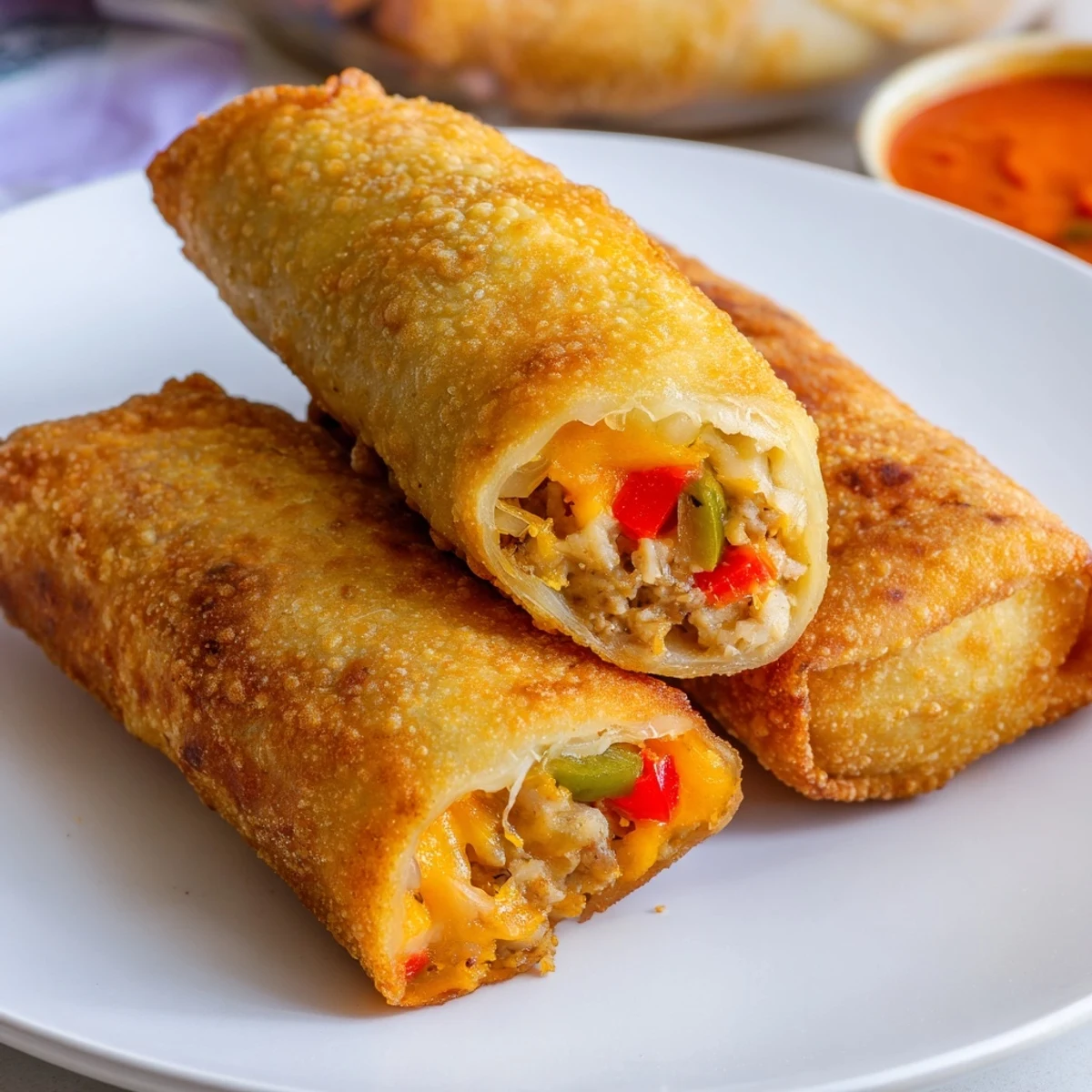 Deep fried voodoo egg rolls served hot with spicy Cajun dipping sauce on rustic plate