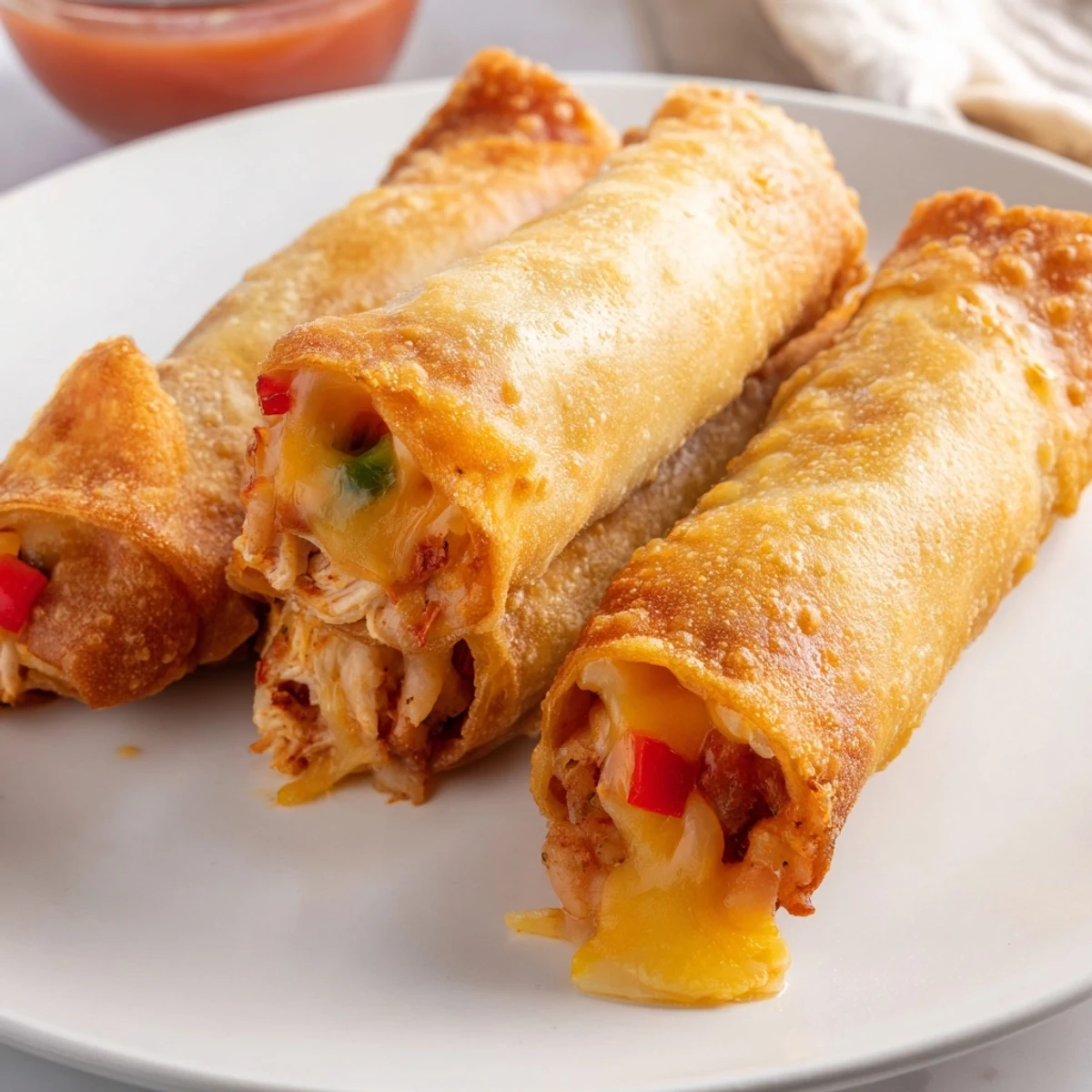Crispy golden voodoo egg rolls with spiced andouille sausage and melted cheddar filling