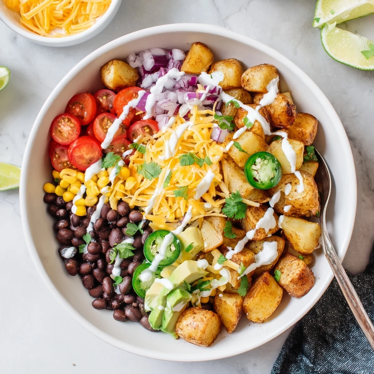 Loaded Fiesta Potato Bowls topped with melted cheddar, avocado, and fresh cilantro.