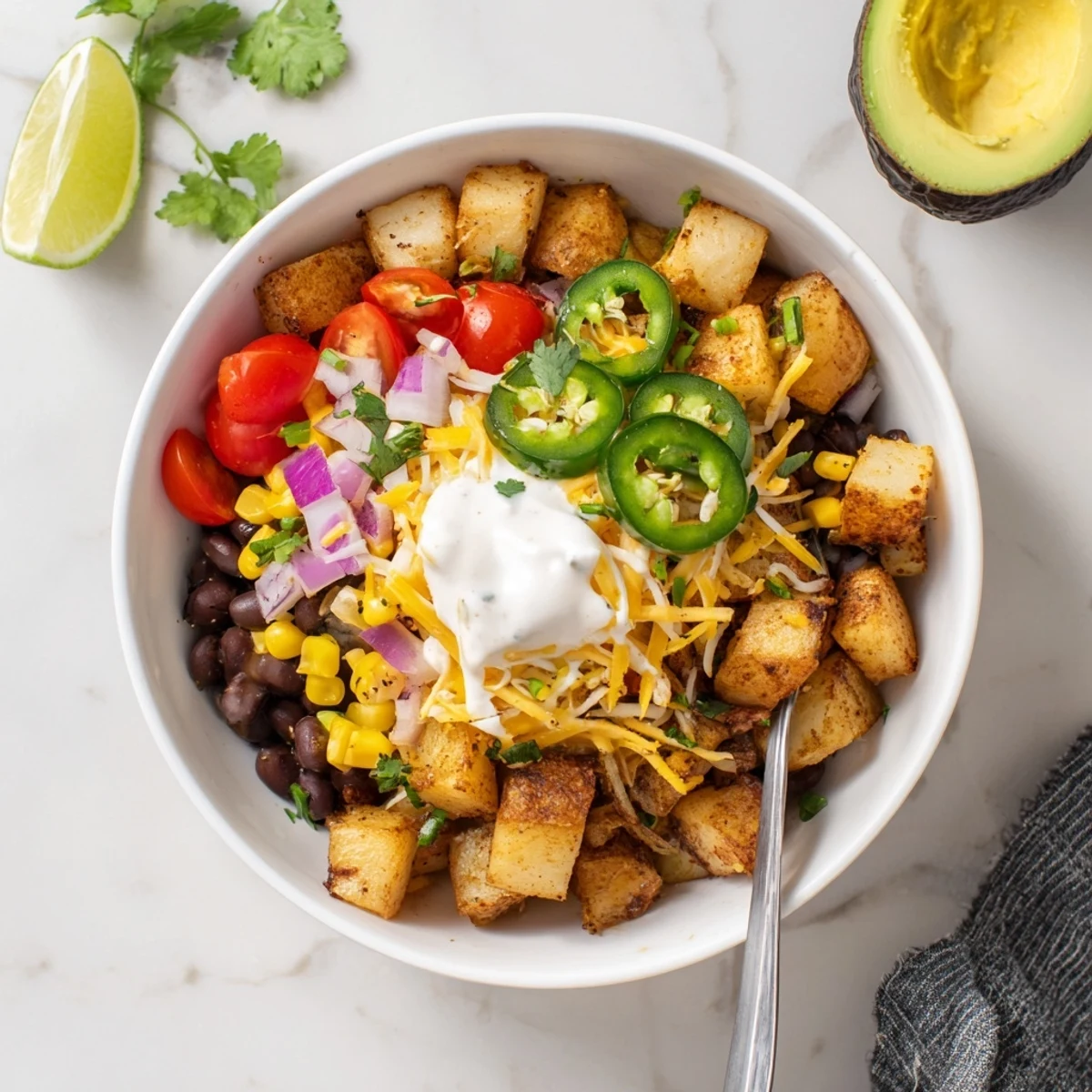 Golden roasted potatoes in Loaded Fiesta Potato Bowls drizzled with sour cream.