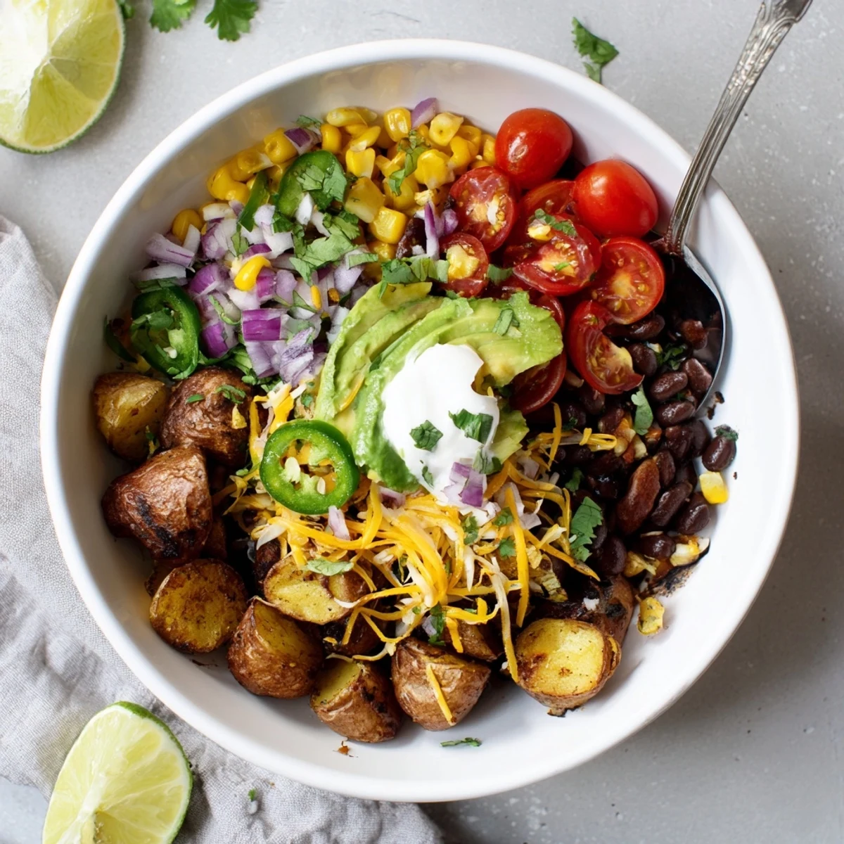 Loaded Fiesta Potato Bowls served warm with zesty beans, tomatoes, and lime.