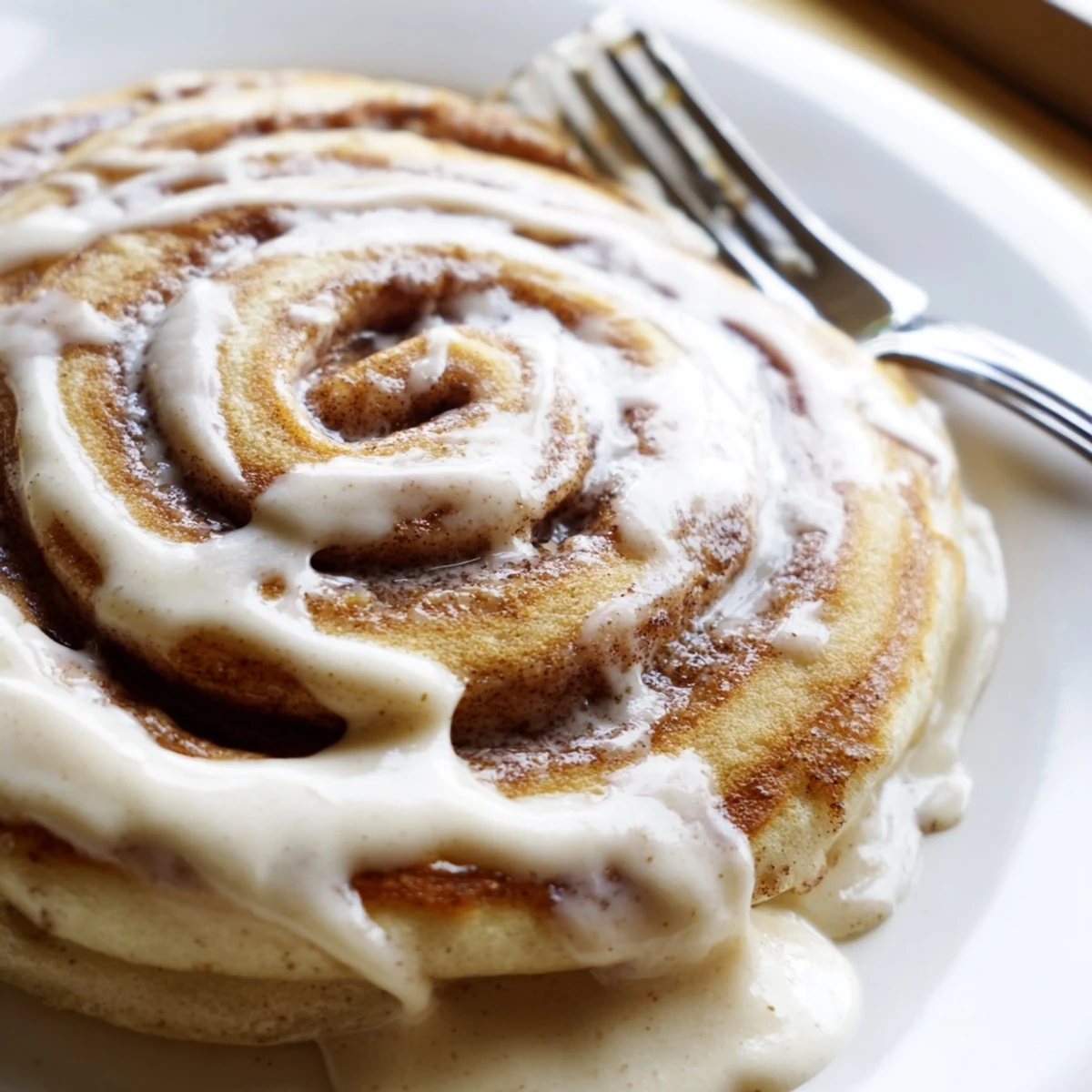 Golden cinnamon roll pancakes drizzled with thick cream cheese icing on a plate