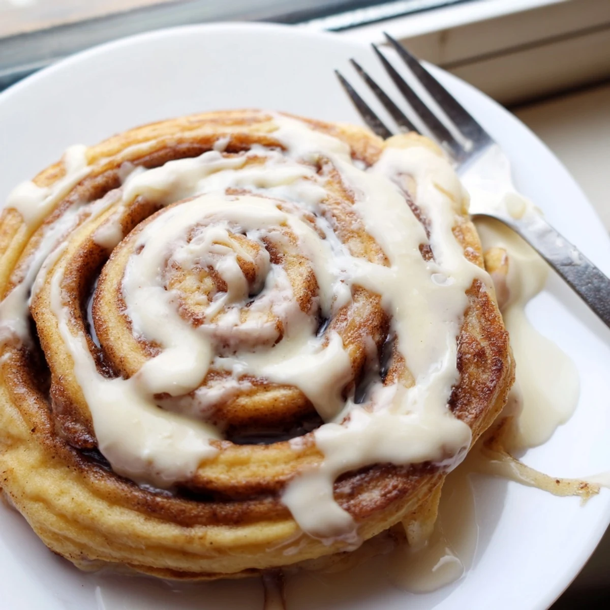 Stack of cinnamon roll pancakes dripping with sweet cream cheese glaze