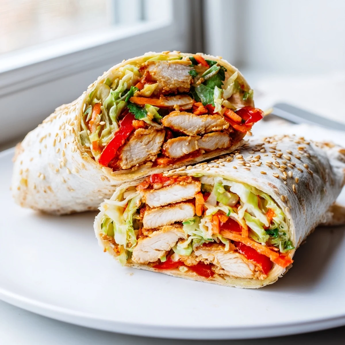 Thai chicken wraps with tangy slaw, sesame seeds, and fresh lime wedges