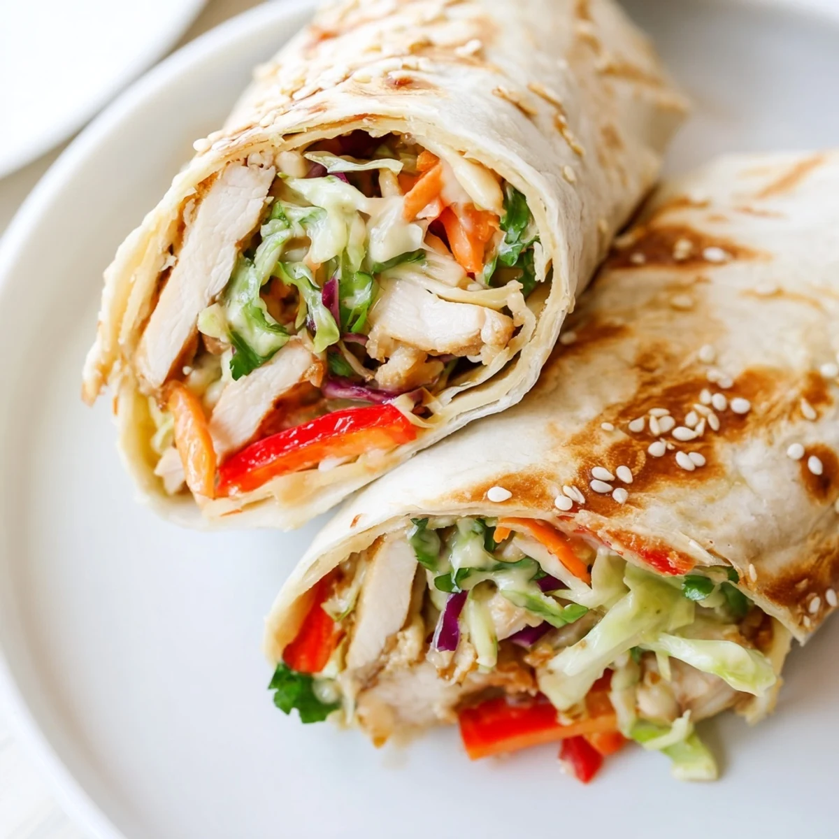 Golden grilled chicken strips tucked inside soft wraps topped with colorful cabbage slaw