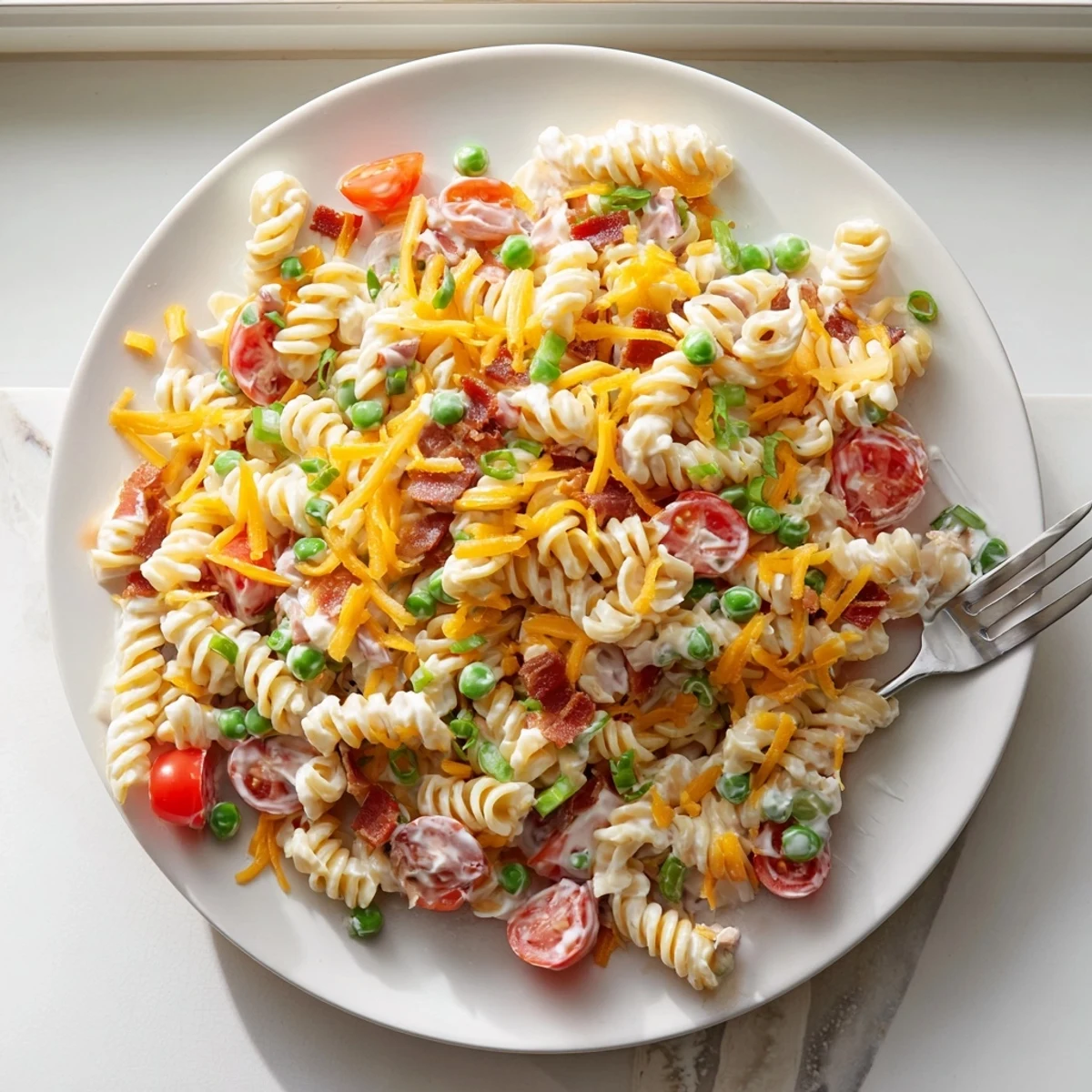 Colorful crack pasta salad mounded in a bowl with crispy bacon bits and vibrant diced veggies