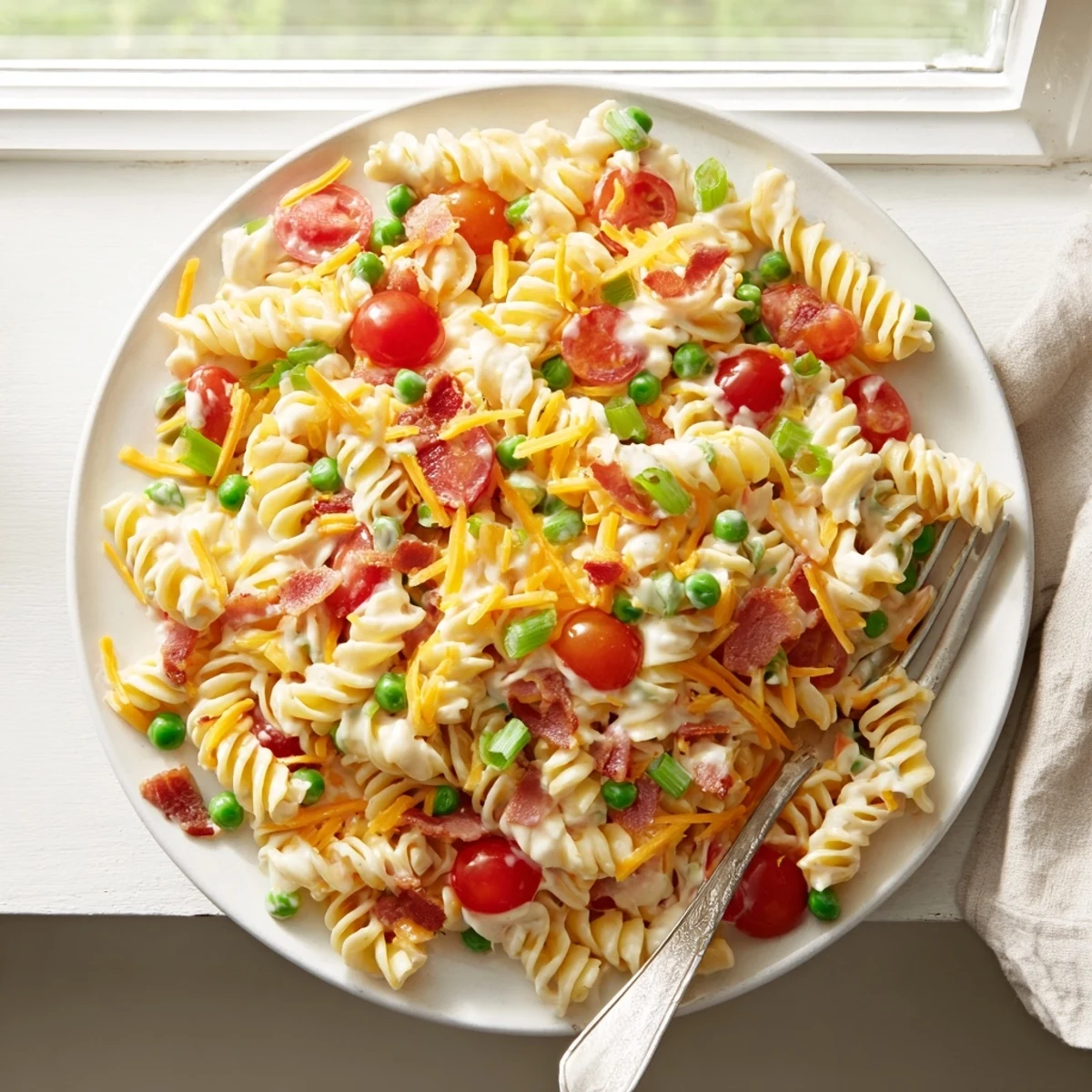 Chilled crack pasta salad drizzled with ranch dressing and topped with green onions and peas
