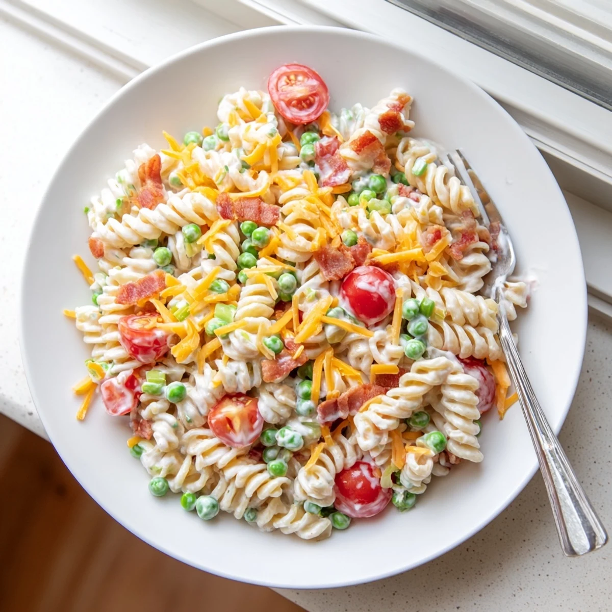 Creamy crack pasta salad tossed with shredded cheddar, cherry tomatoes, and crunchy bell pepper pieces