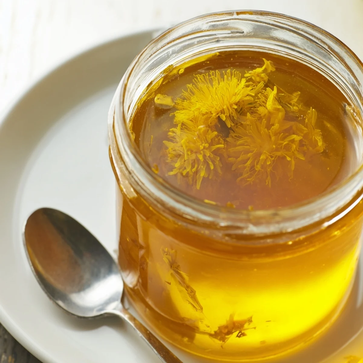 Golden homemade fresh dandelion jelly spread thickly on a toasted scone